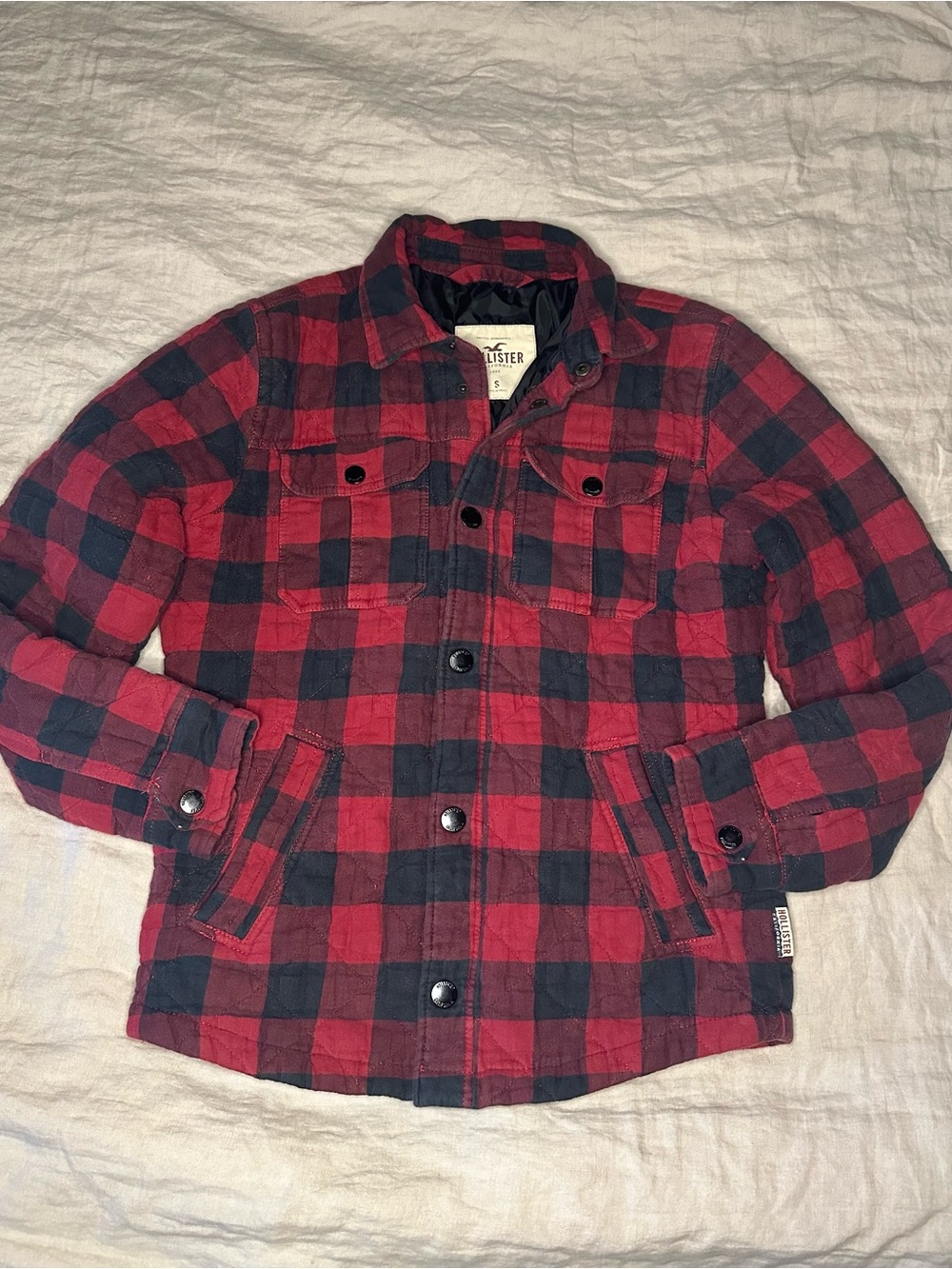 Y2K Hollister Jacket Mens Small Red Plaid Quilted Flannel Snap Front Lined